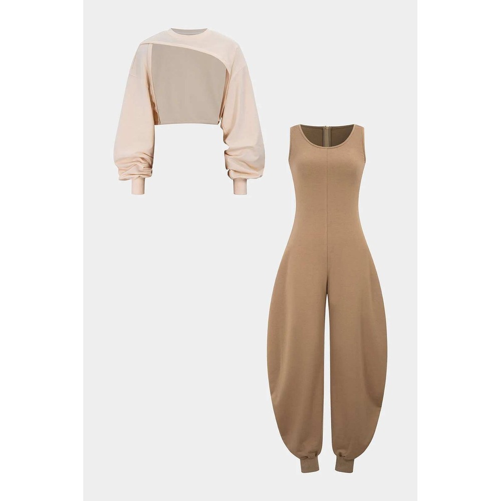 Micas Solid Long-Sleeve Top And Sleeveless Jumpsuit Set